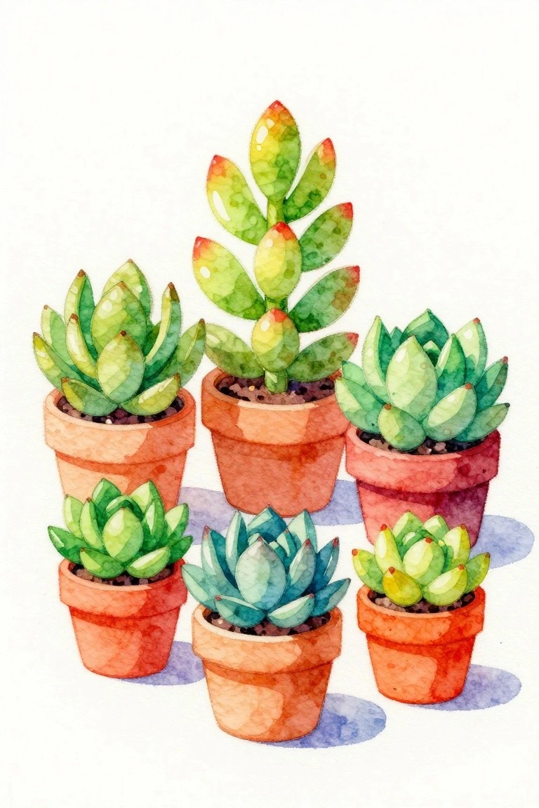 Watercolor painting of six succulents in terracotta pots grouped together on a white background.