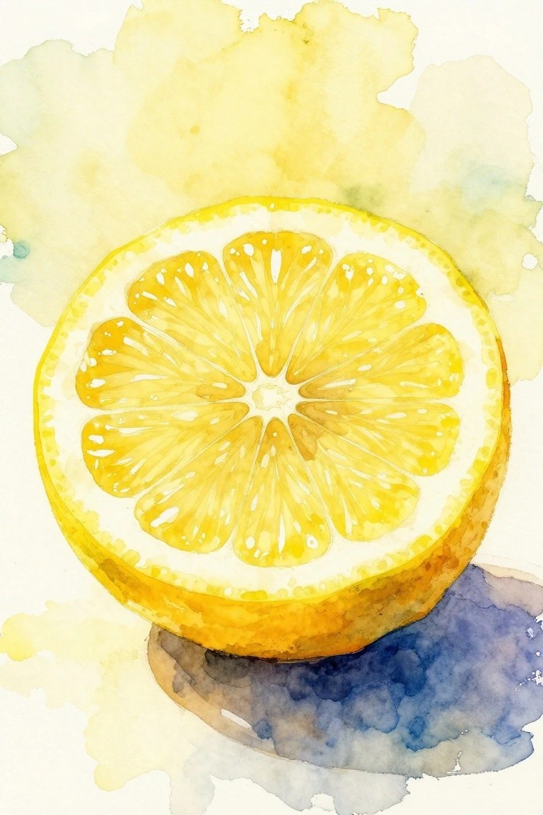 Watercolor painting of a cut lemon with yellow segments on blue wash.