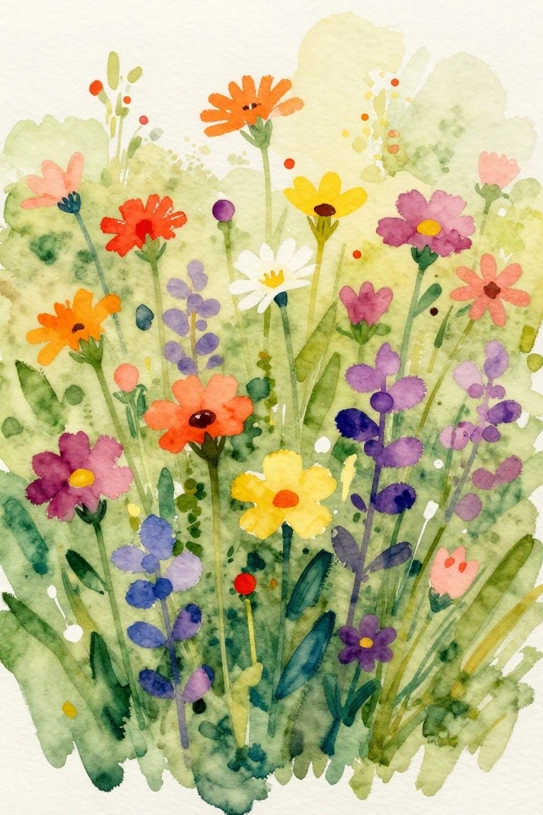 Vibrant watercolor wildflowers in assorted colors amid lush green foliage