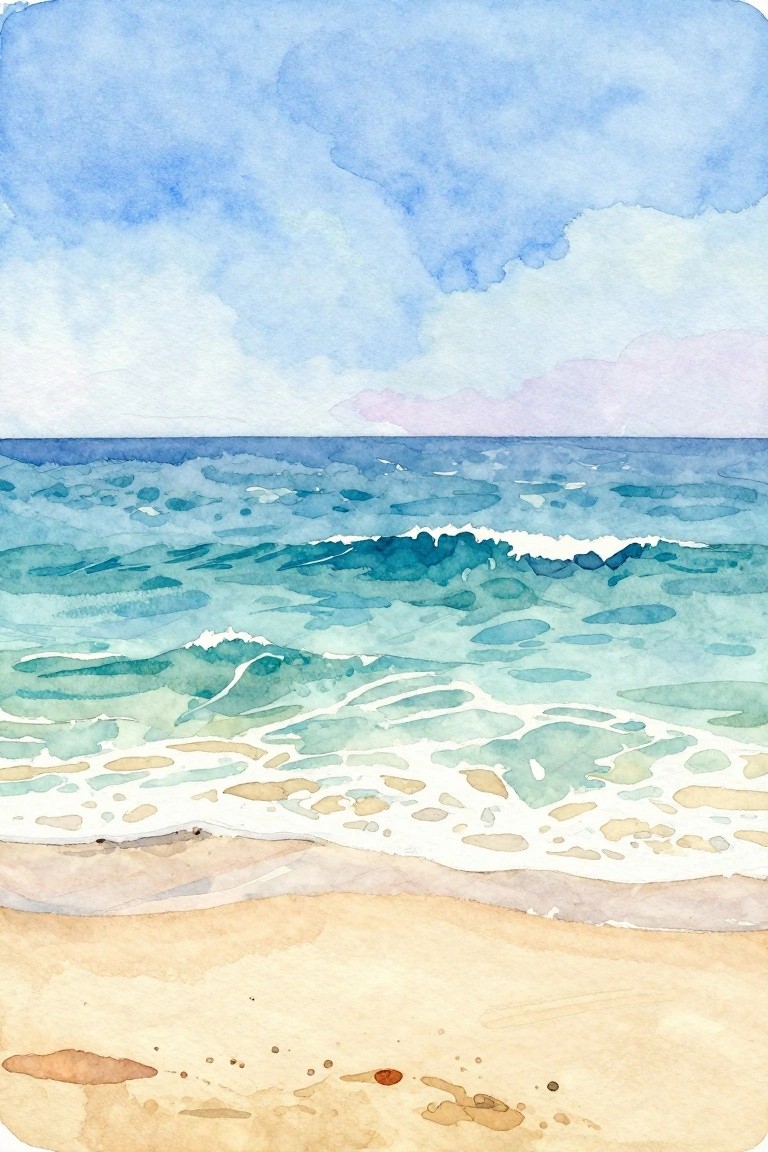 Watercolor painting of turquoise ocean waves with white foam on sandy beach under blue sky