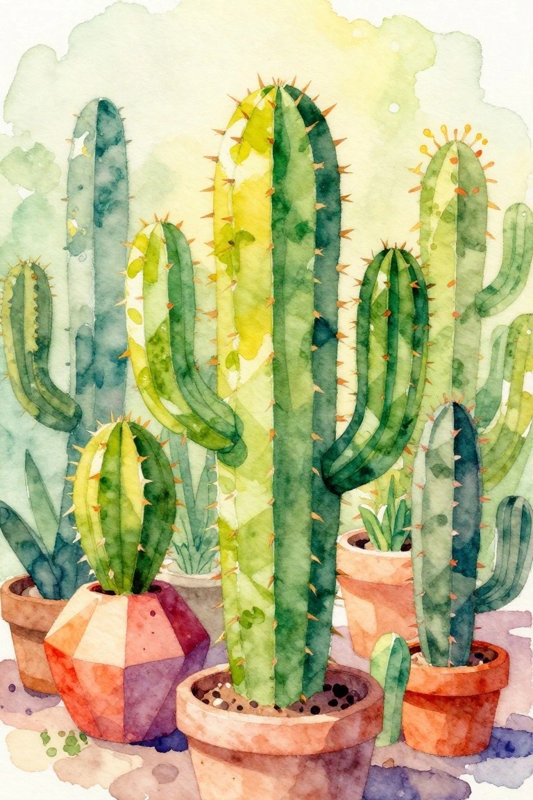Watercolor painting of assorted green cacti in colorful ceramic pots