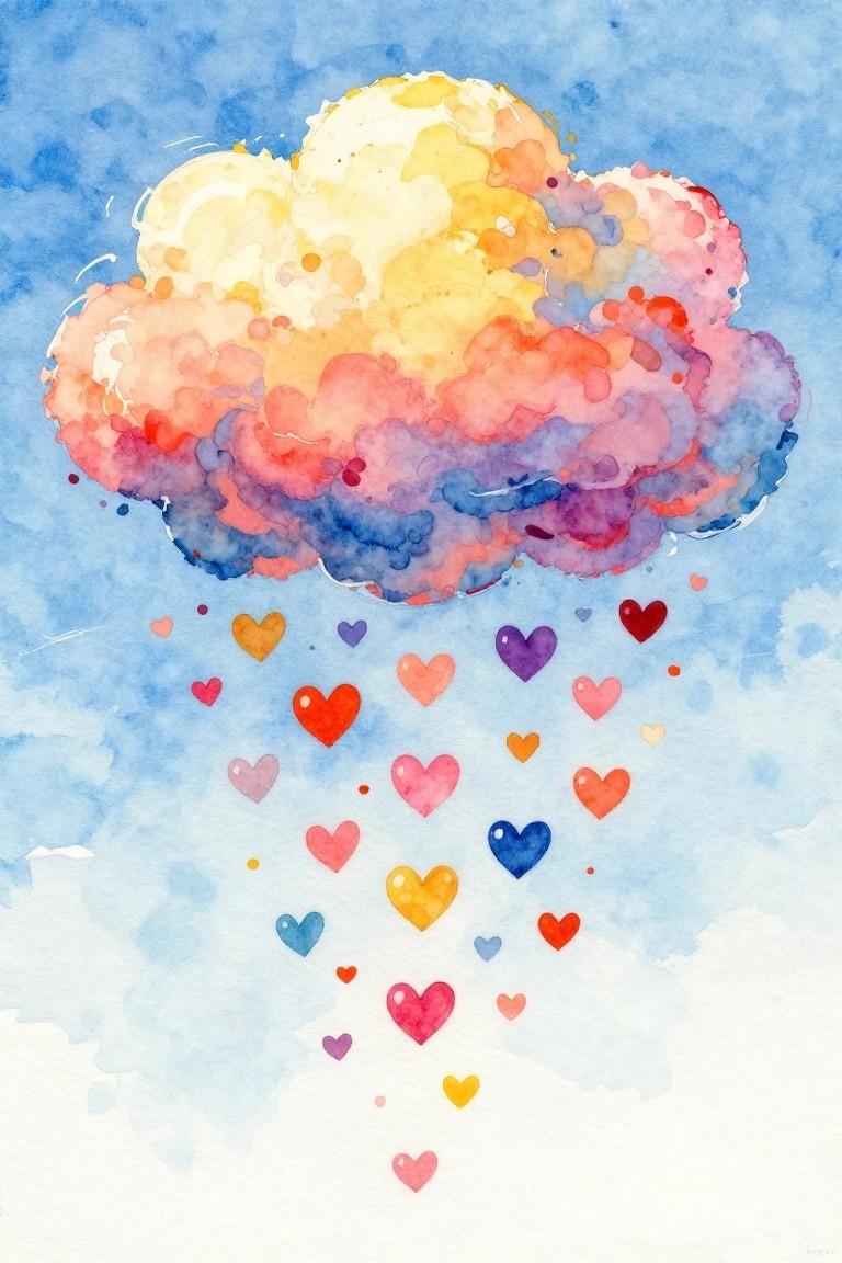 Watercolor rainbow cloud raining colorful hearts across blue sky