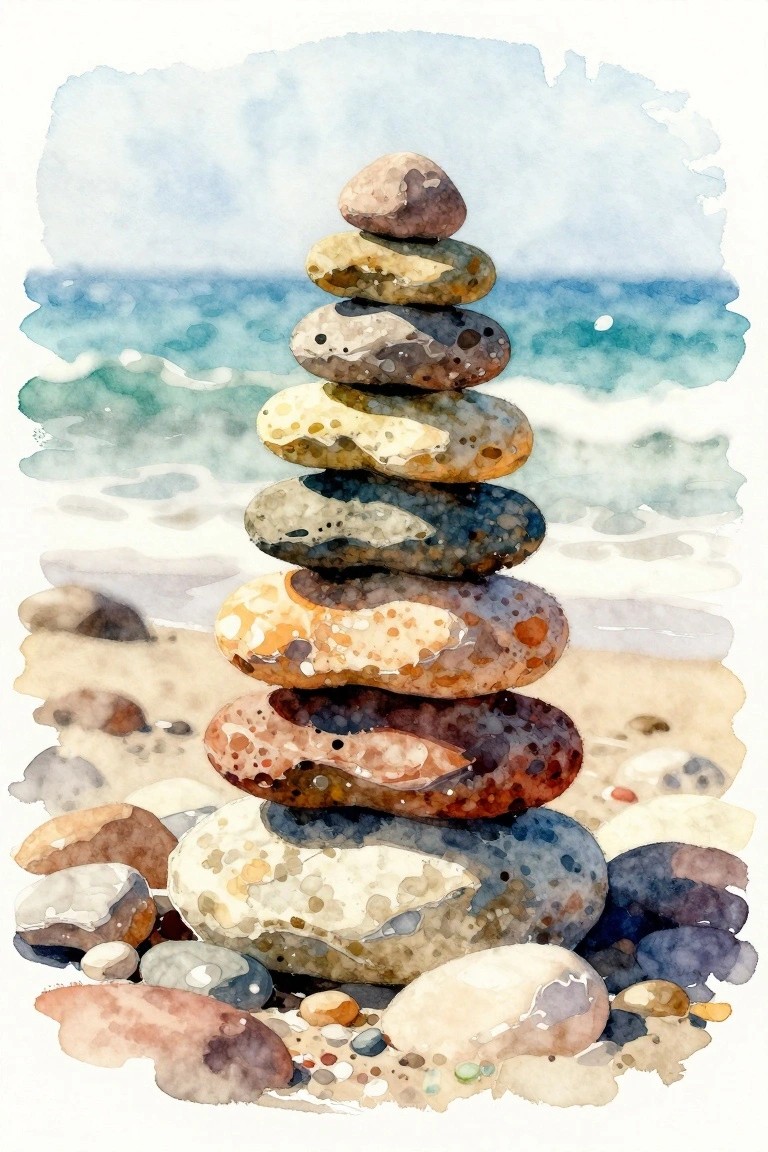 Stacked colorful pebbles on sandy beach with ocean waves, watercolor style.