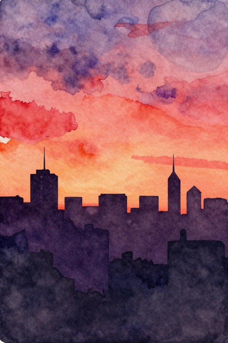 Watercolor city skyline silhouette against vibrant orange pink purple sunset sky with clouds.