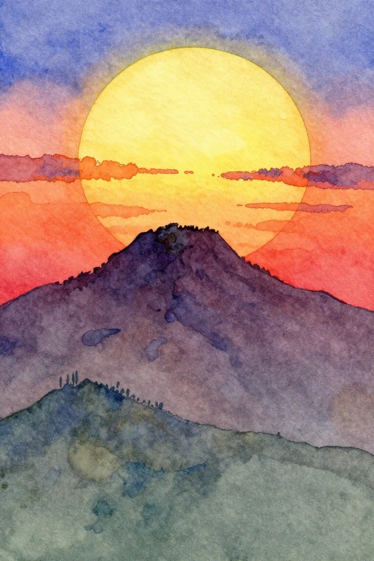 Watercolor sunset with large yellow sun above layered purple and green mountains.