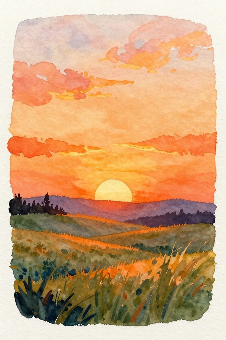 Watercolor sunset over rolling hills with orange-pink clouds, glowing sun, and wildflower field.