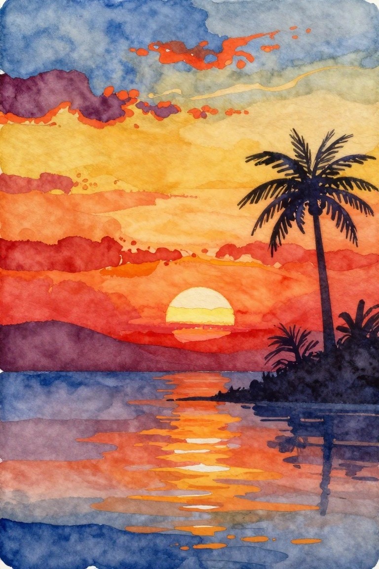 A watercolor painting of a sunset over water with orange and red sky layers, a yellow sun on the horizon, its reflection on the water, and a dark palm tree silhouette on the right.