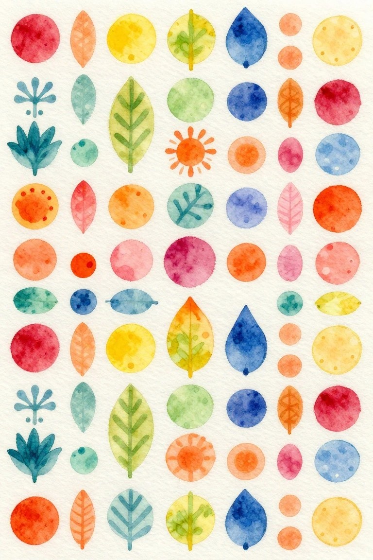 Vibrant watercolor leaves, circles, and botanical motifs arranged in colorful rows.