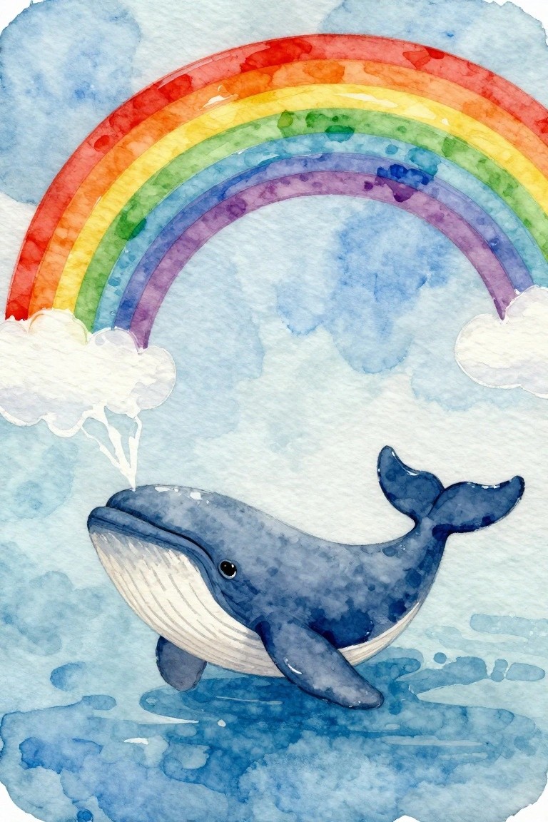 Watercolor whale spouting water beneath vibrant rainbow arching over blue sky and clouds