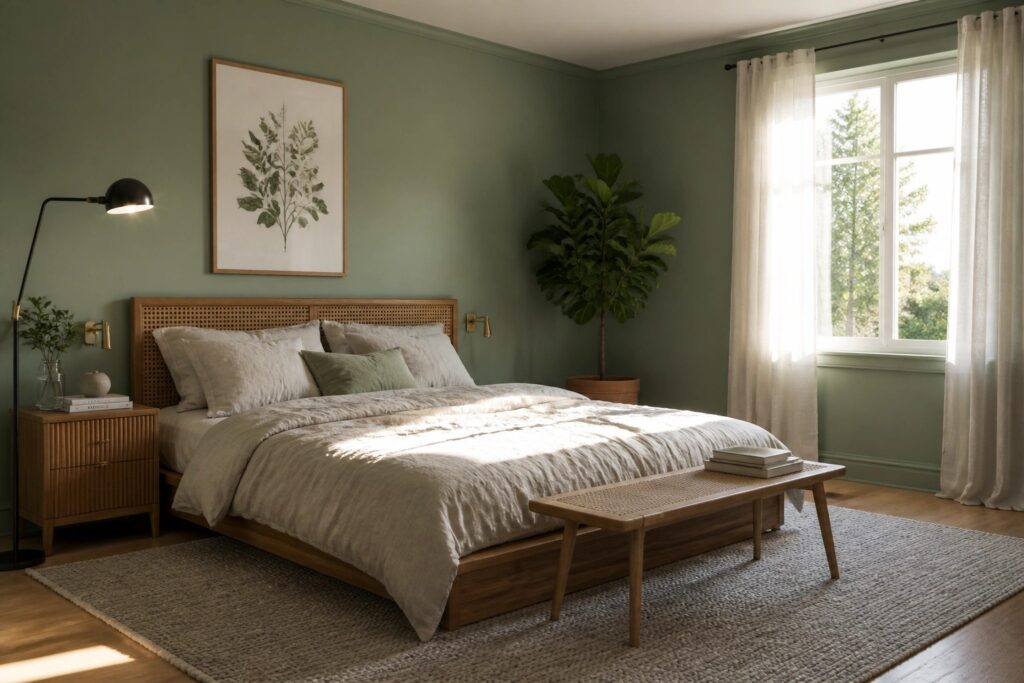 A bedroom with soft sage green walls and wood furniture.
