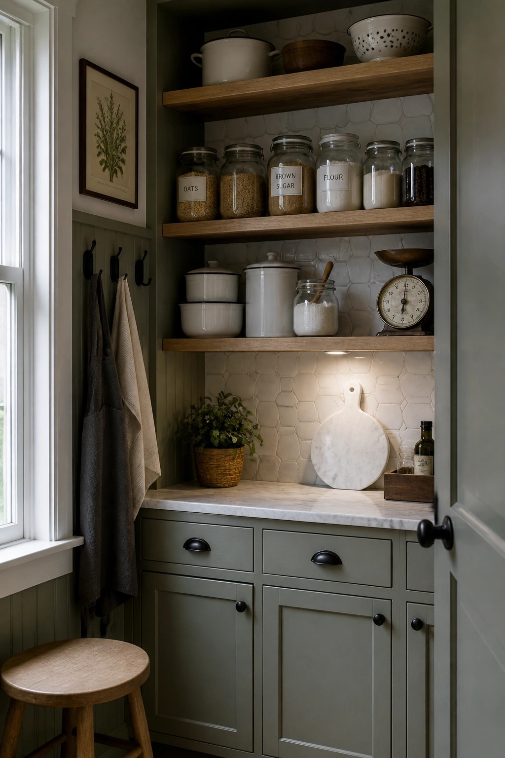 Sage green cabinets and paneling in a kitchen pantry with wood shelves and marble counters.