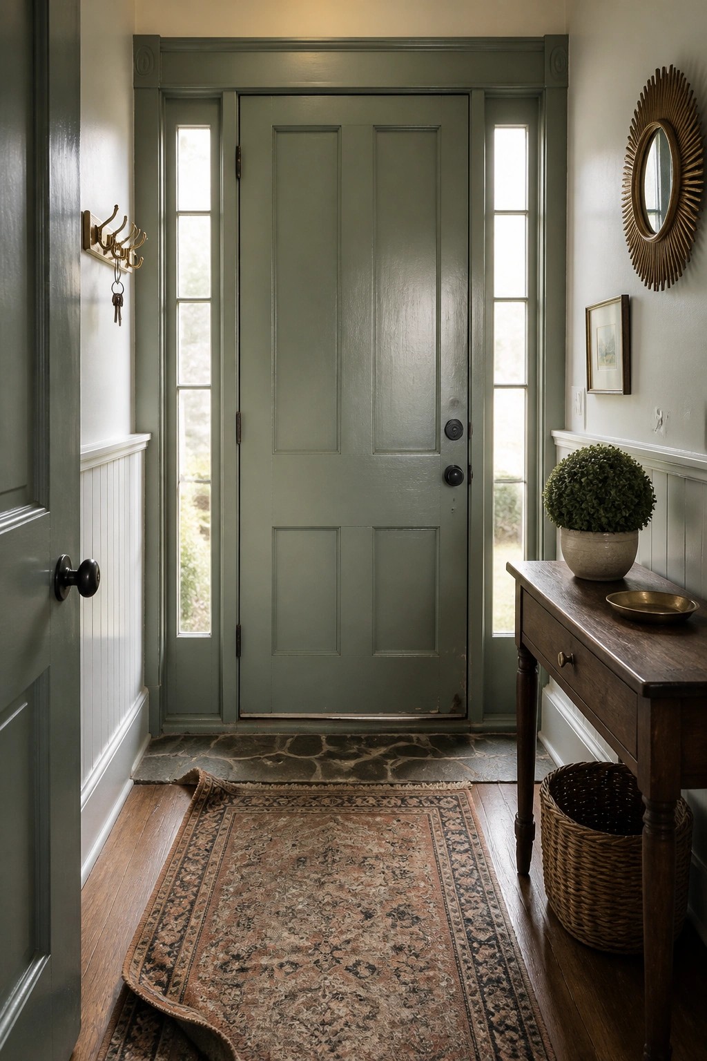 Entryway with green door, patterned rug, wooden console table, and potted plant