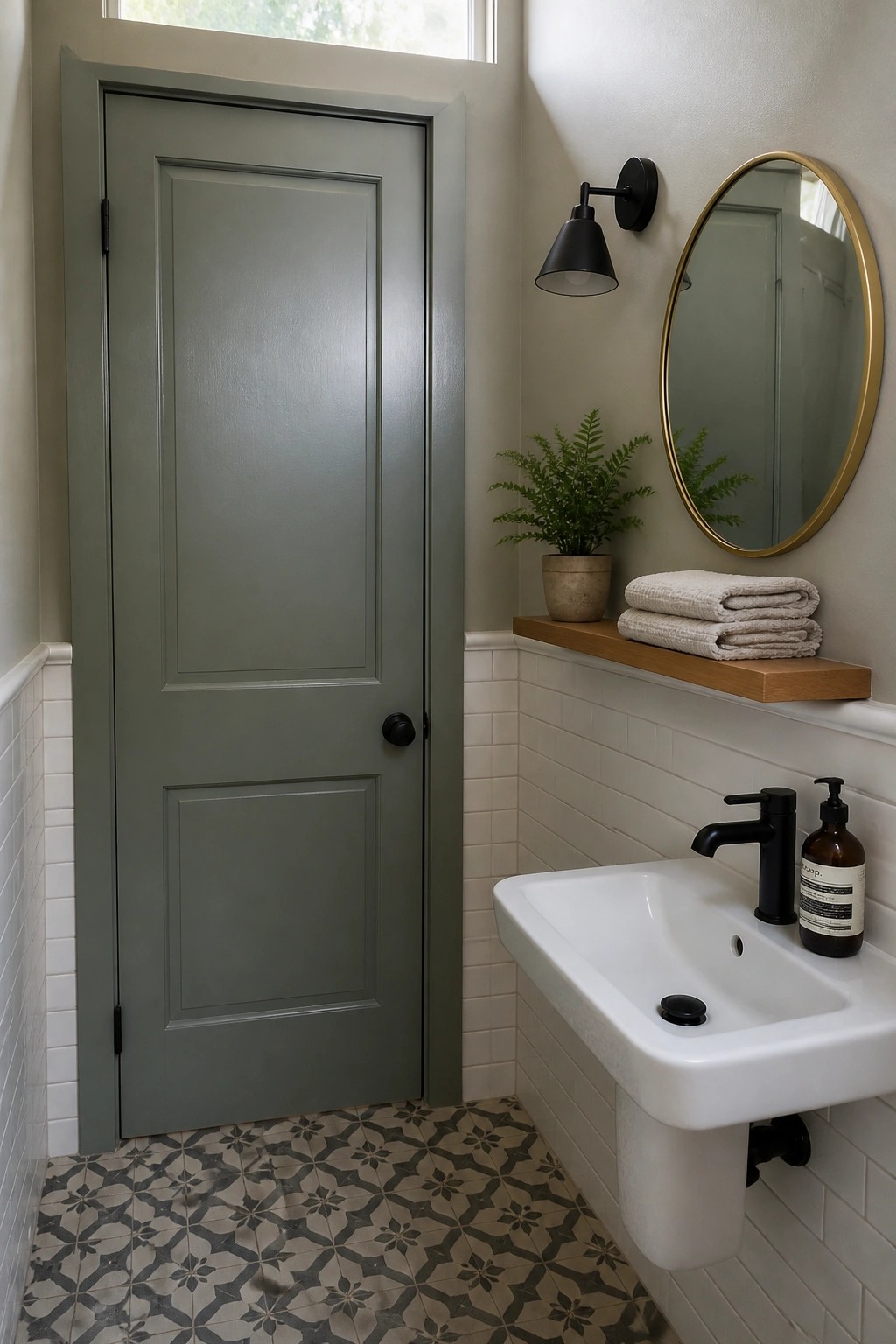 Modern bathroom with sage green door, white sink, gold mirror, and patterned tiles.