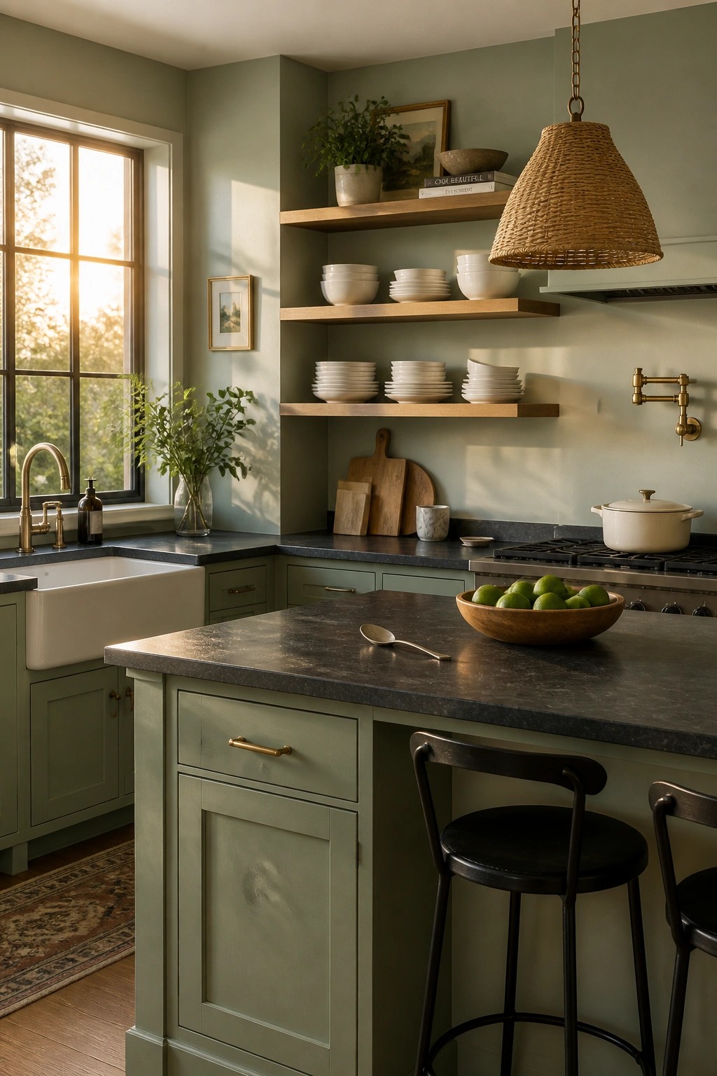A kitchen with soft sage green cabinets and open wooden shelves.