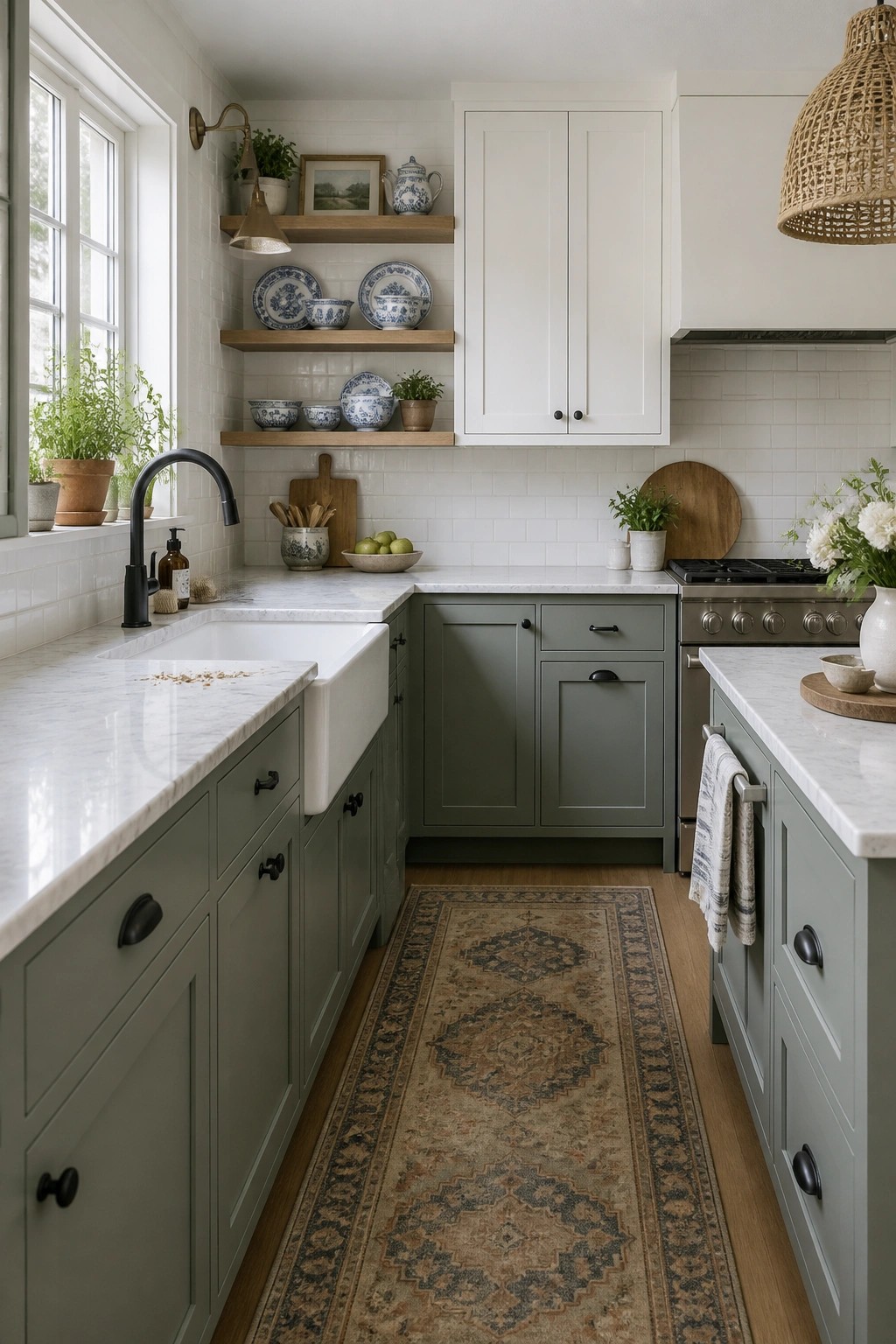 Kitchen with soft sage green cabinets and white marble counters.