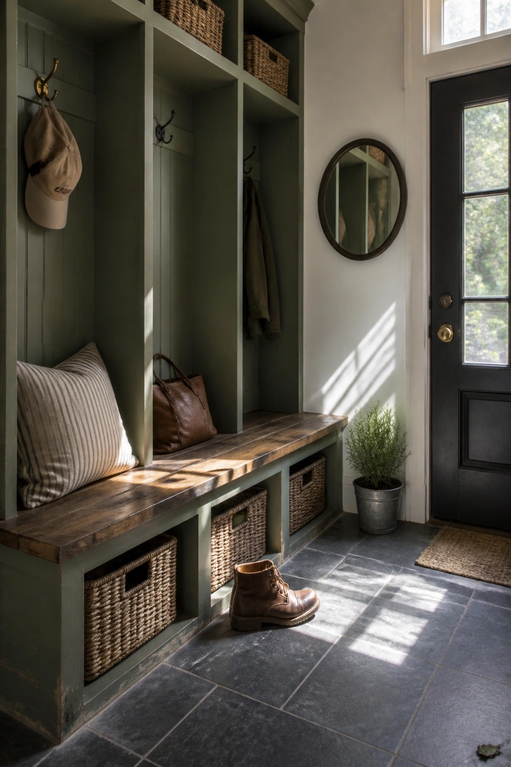 Built-in storage painted in a soft sage green inside a home entryway.