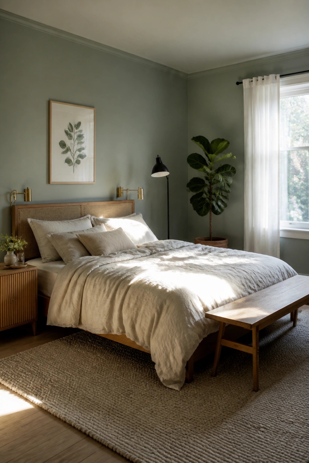 A bedroom with soft sage green walls and wood furniture.