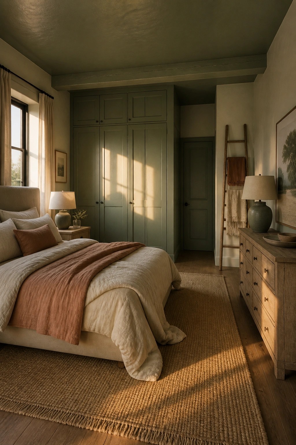 Soft sage green built-in cabinets along the wall of a bedroom with wood floors.