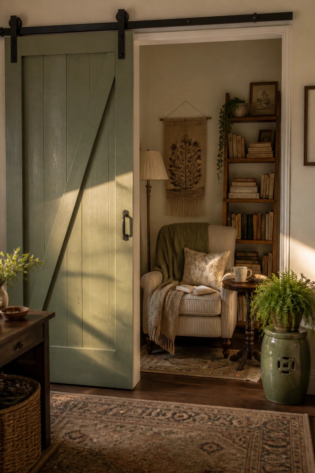 Open green sliding door reveals cozy armchair, bookshelf, and sunlit plants.