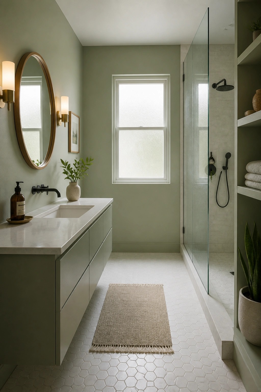 A bathroom with soft sage green walls, white tile flooring, and a long vanity.