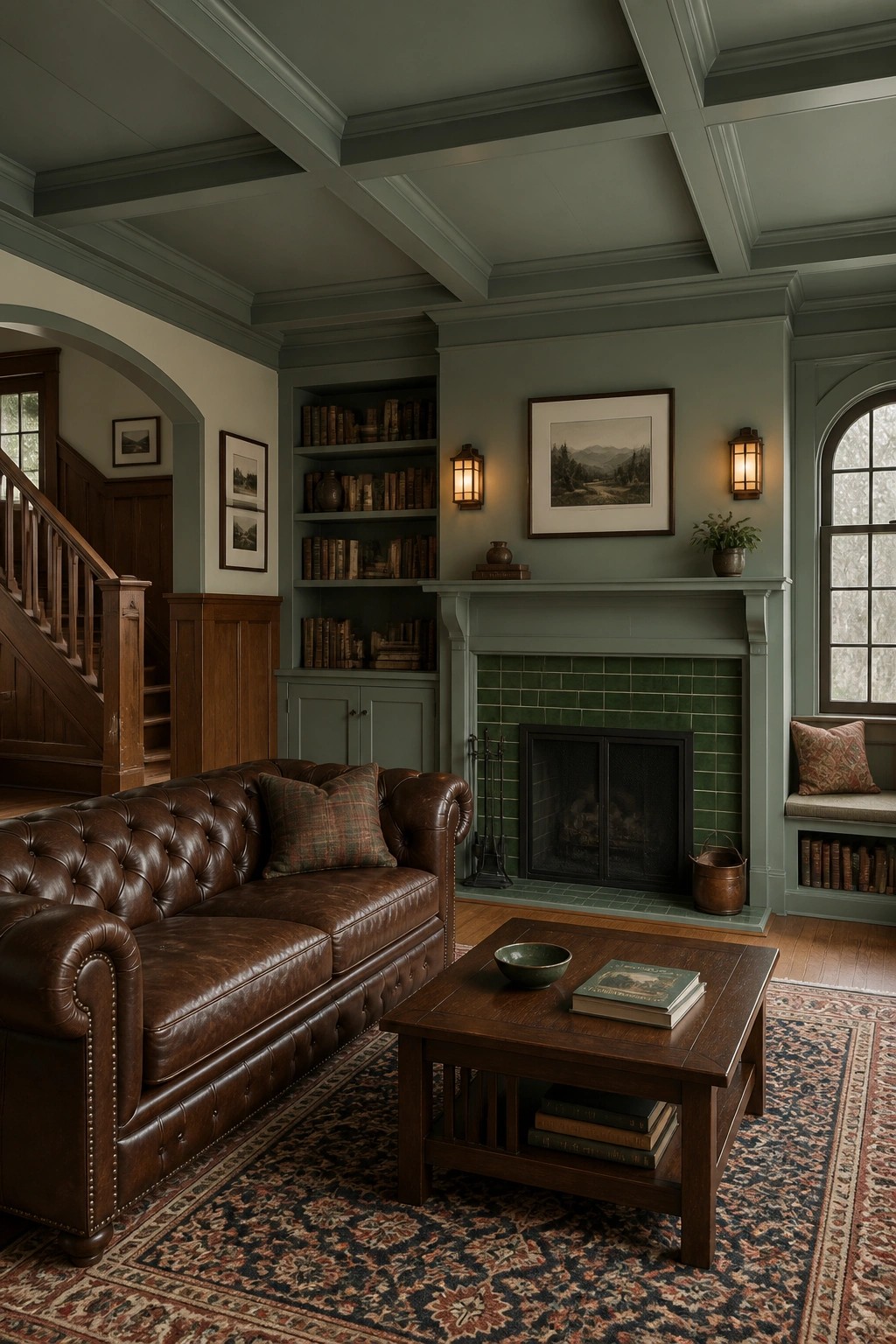 A living room with soft sage green walls and built-in bookshelves around a fireplace.