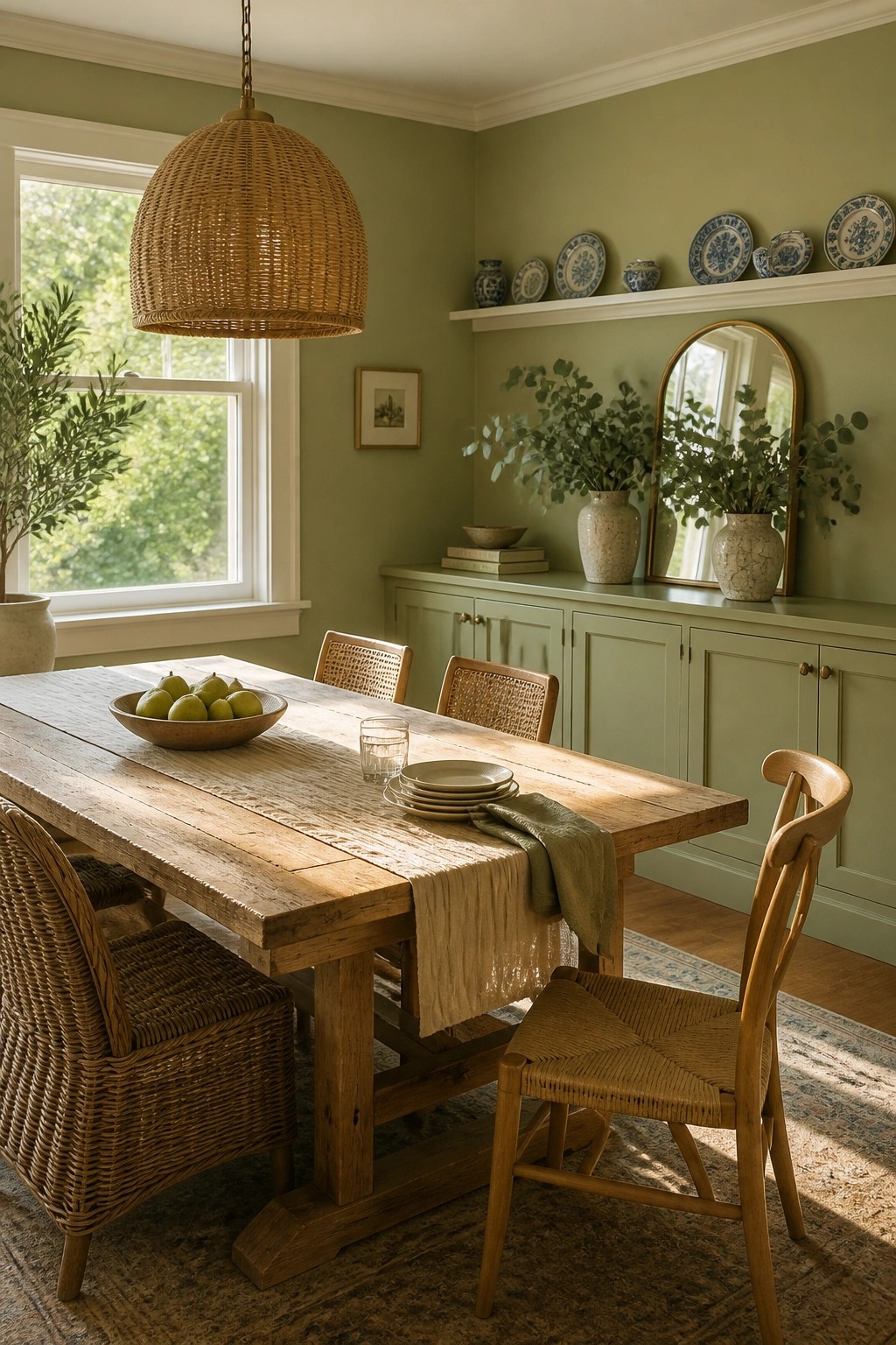 A dining room with soft sage green walls and a wooden table.