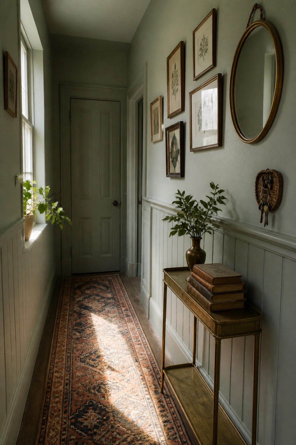 Soft sage green walls with white wainscoting in a narrow hallway.