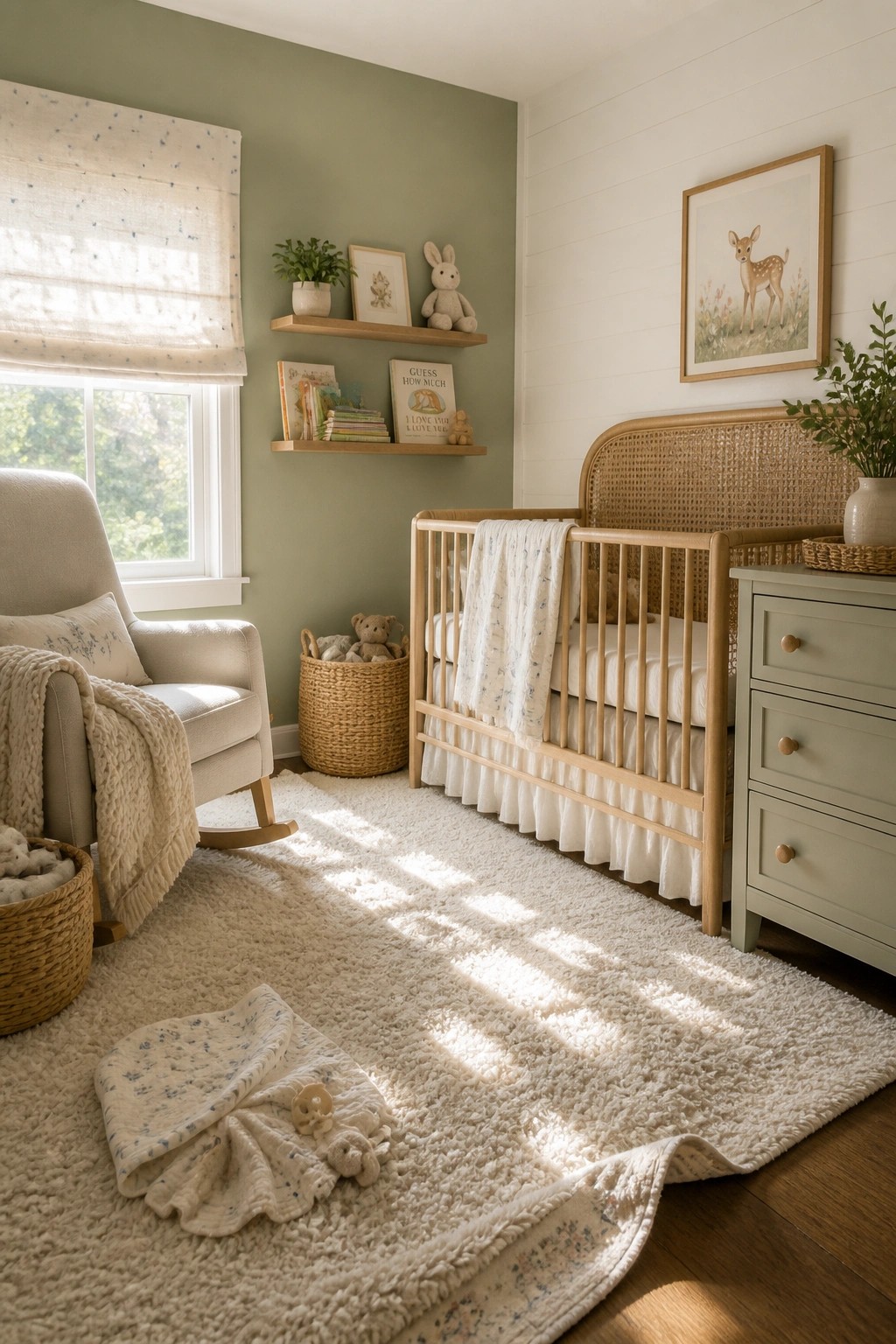 Cozy nursery with wooden crib, rocking chair, fluffy rug, and sage green walls