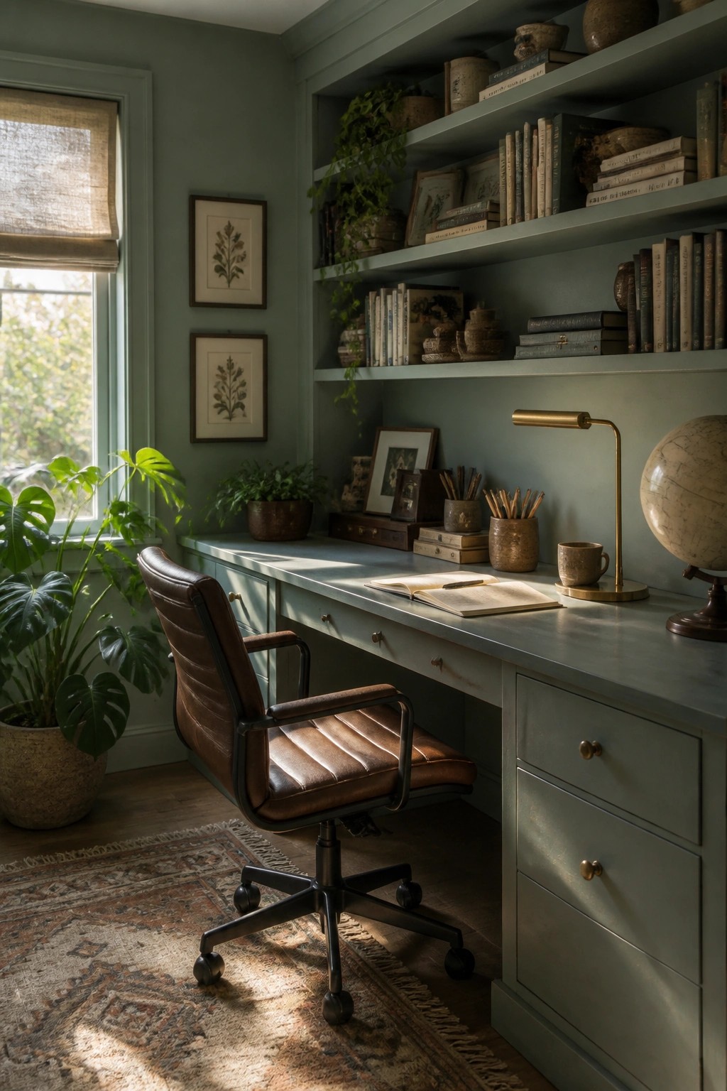 Cozy sage green home office with brown leather chair, bookshelves, globe, and plants.