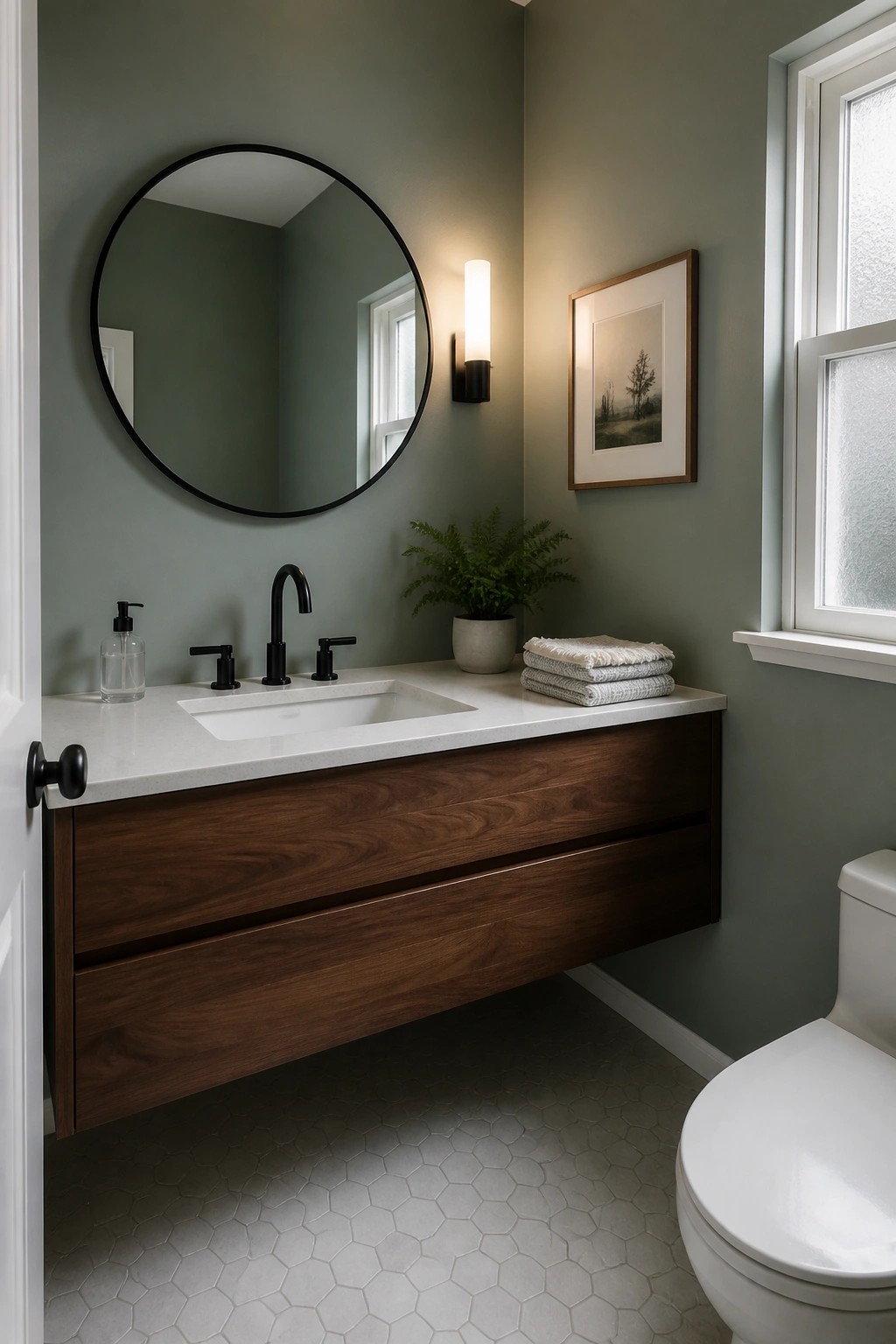 A bathroom with soft sage green walls and a floating wood vanity.