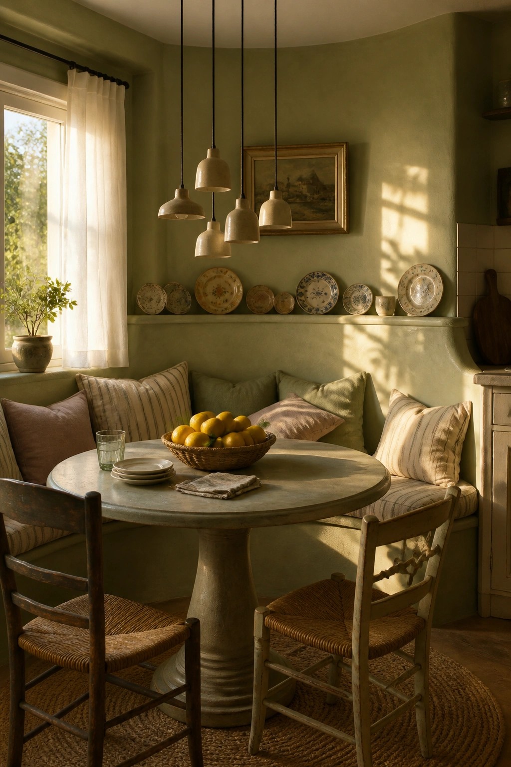 Soft sage green walls in a cozy dining nook with a round table and woven chairs.