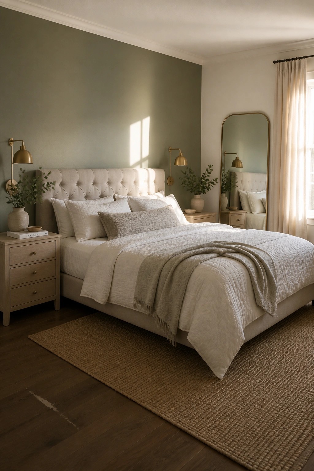 A bedroom featuring soft sage green walls behind a bed with neutral bedding.