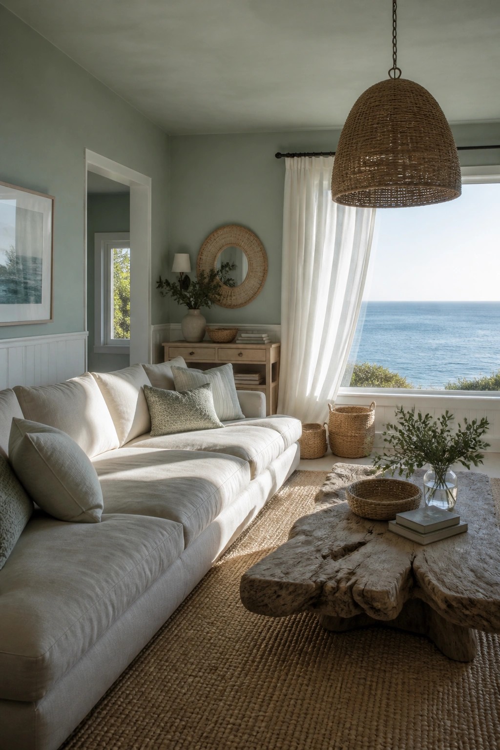 Living room with soft sage green walls and a large window overlooking the ocean.