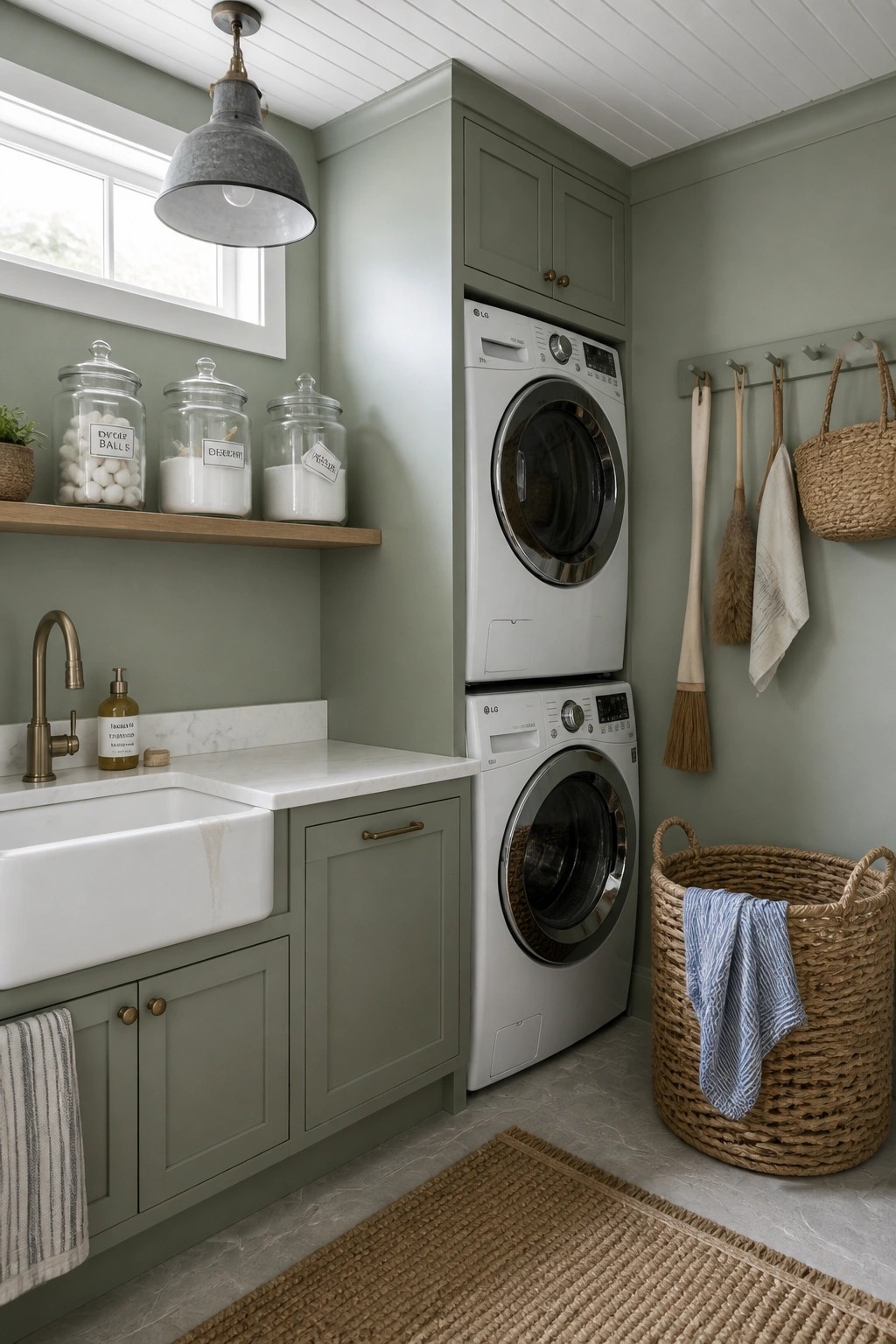 Sage green laundry room with stacked LG washer-dryer, farmhouse sink, and woven basket.
