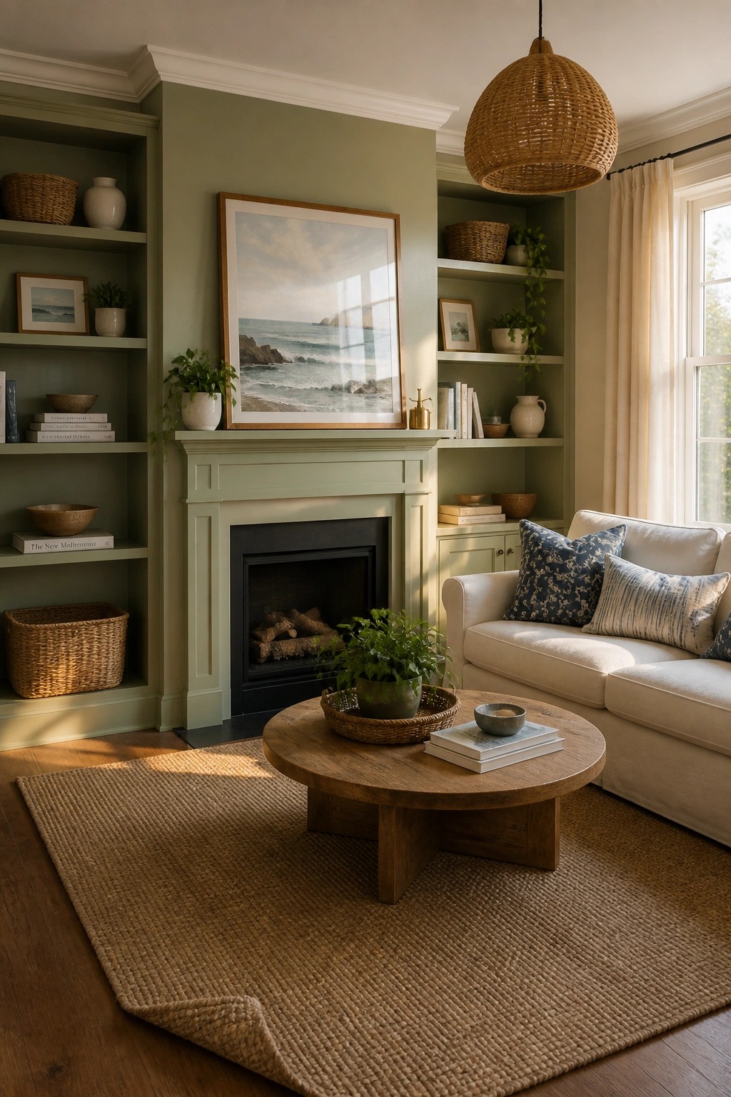 Living room with walls and built-in shelves painted in a soft sage green.