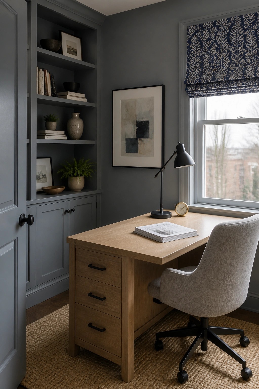 A home office with cool gray walls, a wooden desk, and built-in shelving.