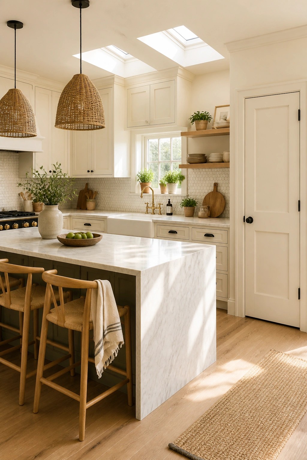 Creamy white cabinets cover the kitchen walls and island in a bright, open space.