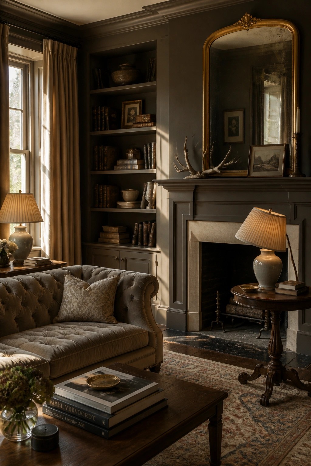 A living room with deep warm gray walls and built-in bookshelves.