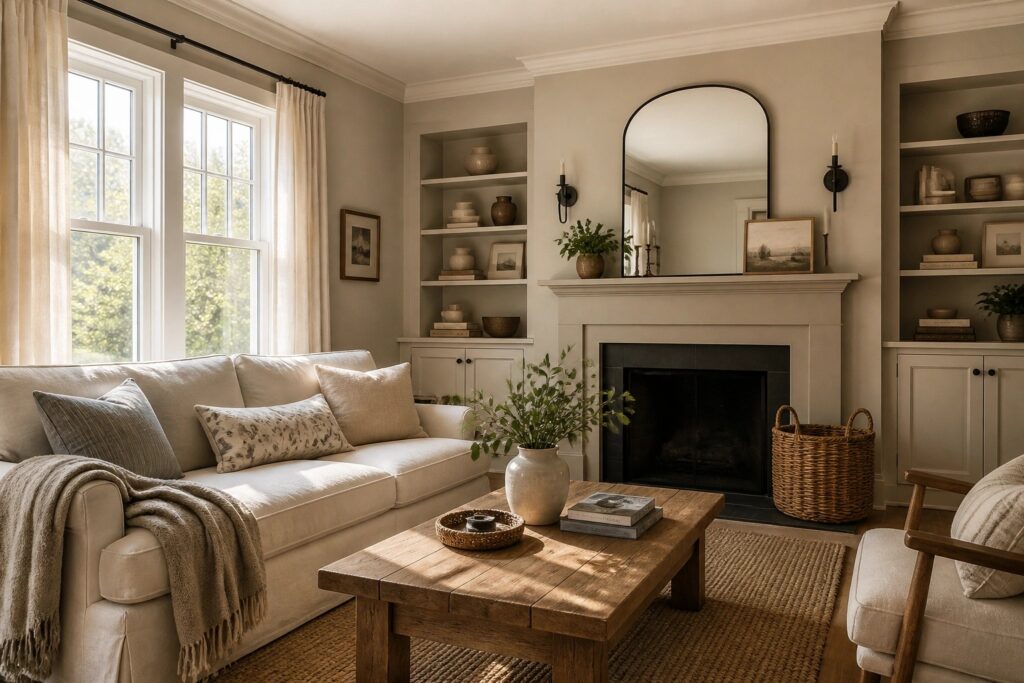 22 Sophisticated Whole House Neutral Paint Colors That Keep Rooms Feeling Connected A living room with soft warm greige walls and built-in shelves around a fireplace.
