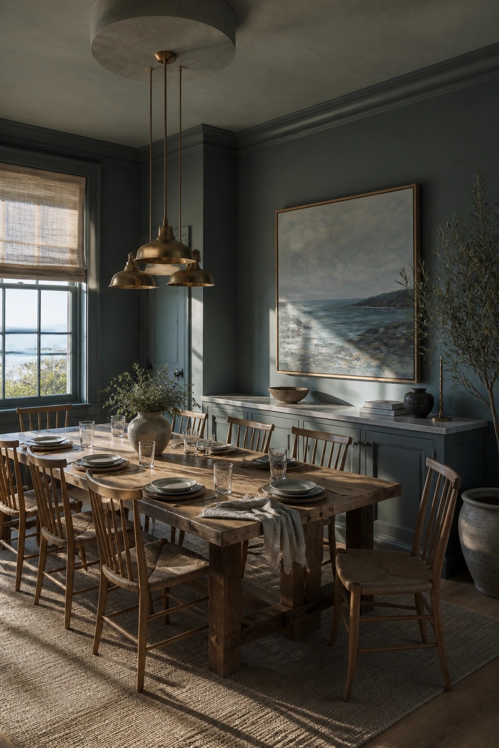 Dining room with muted gray-green walls and a wooden table set with dishes.