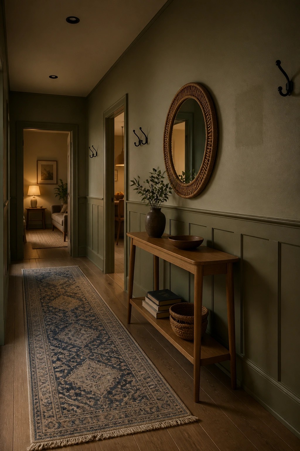 Muted sage green walls in a hallway with wood trim and a console table.