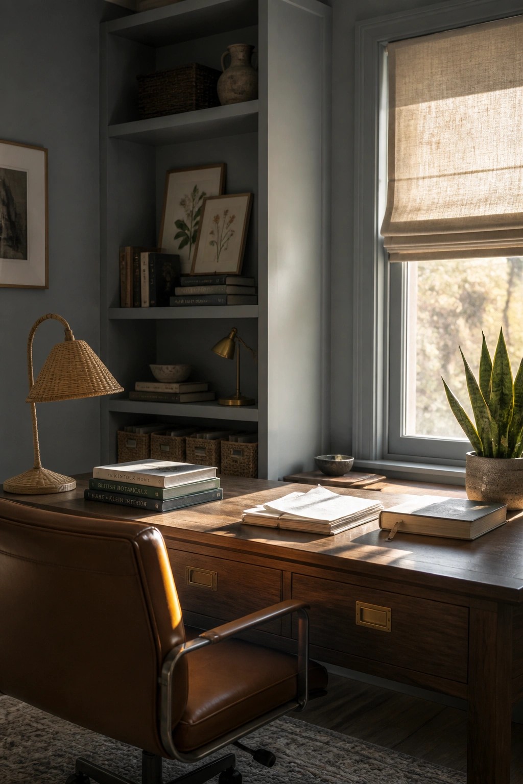 A home office with soft blue gray walls and a wooden desk.