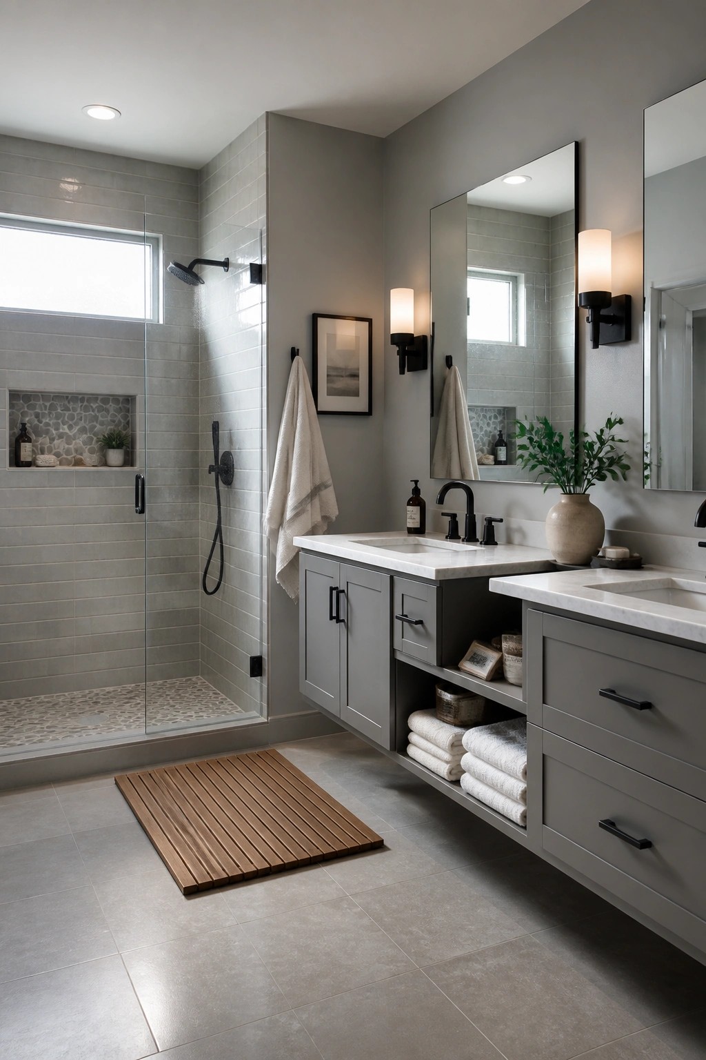 Gray painted walls and matching cabinets in a bathroom with a glass shower.