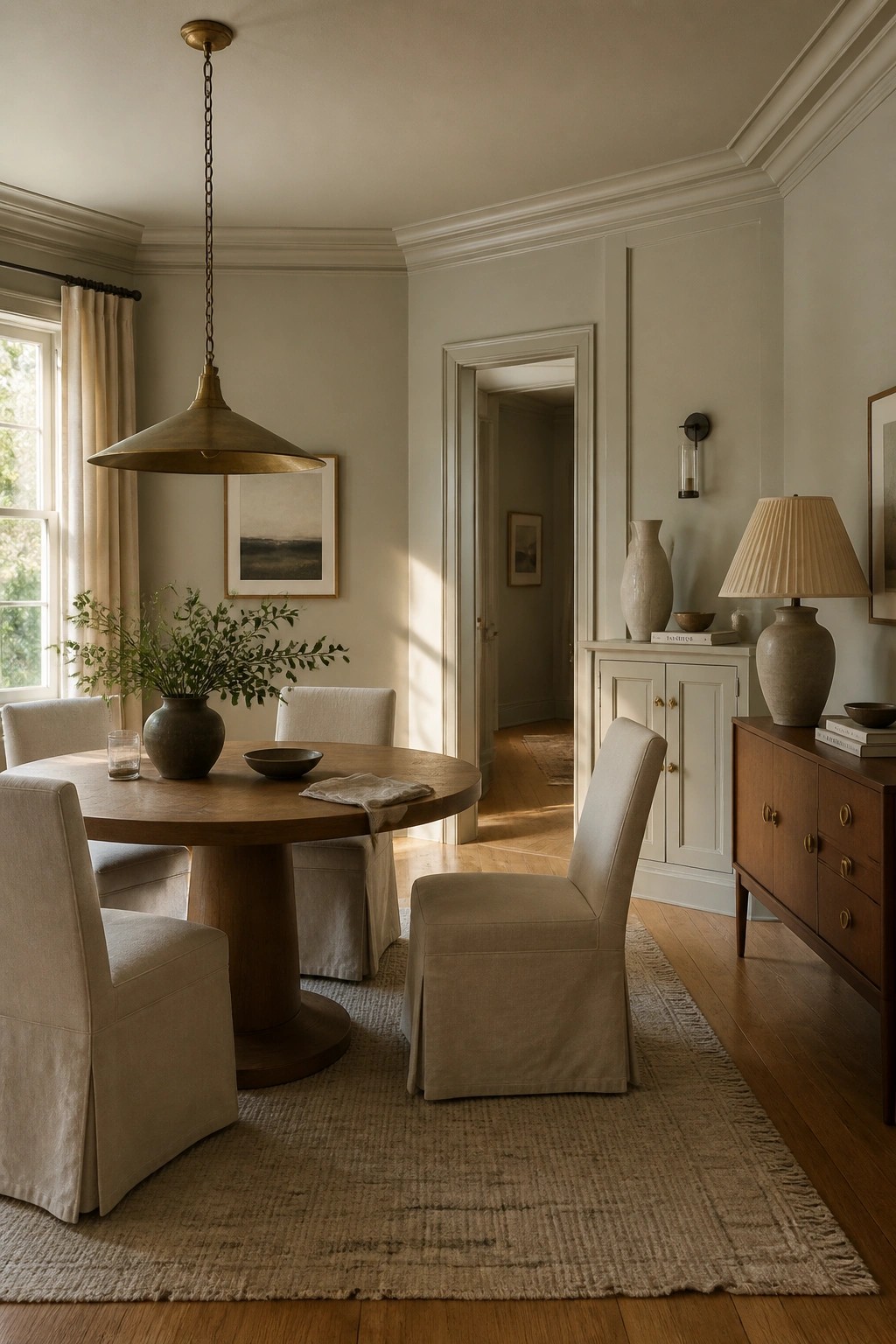 Light greige walls in a dining room with wood flooring and white trim.