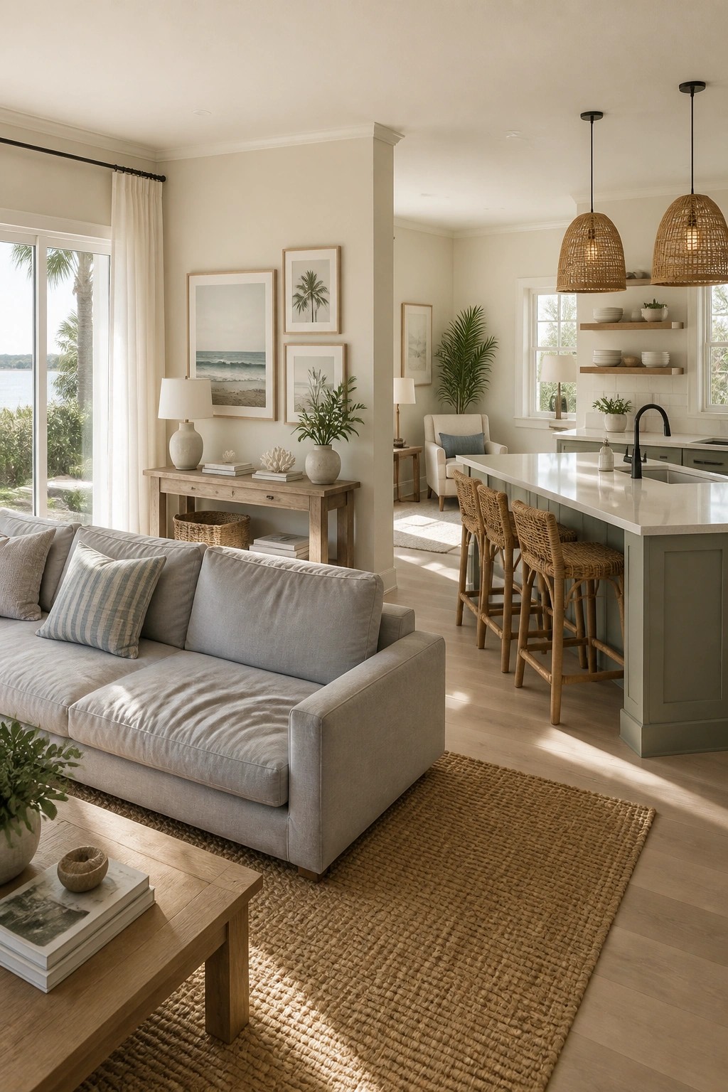 Light greige walls in an open living room connected to a kitchen.