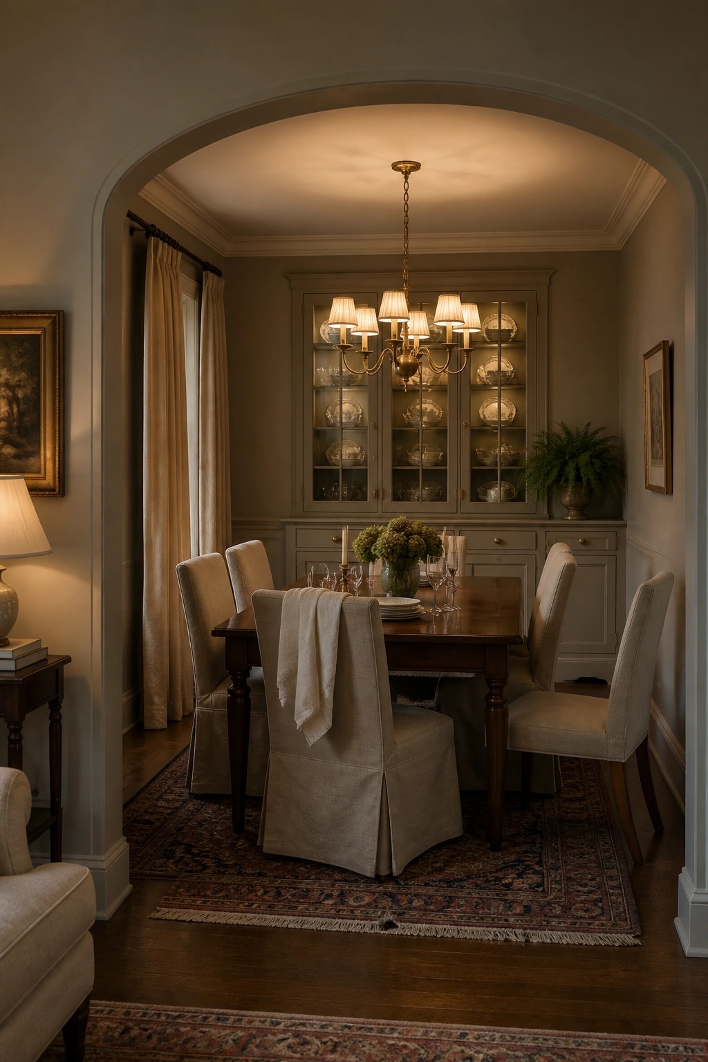 A dining room with soft greige walls seen through an arched doorway.
