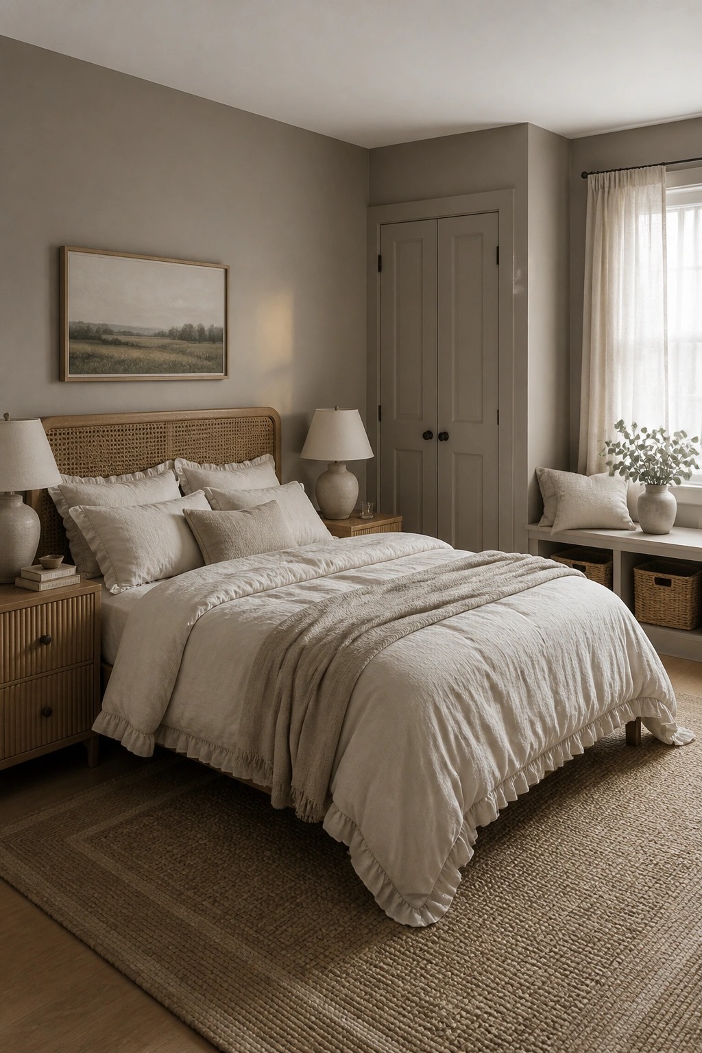 A bedroom with soft greige walls and light neutral bedding.