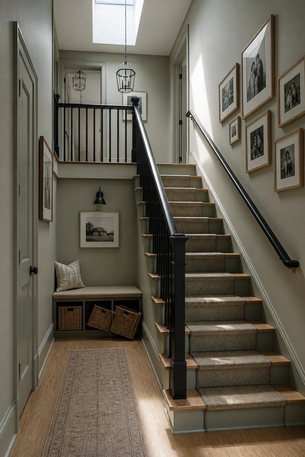 Soft sage green walls in a stairwell with wooden stairs and black railing.