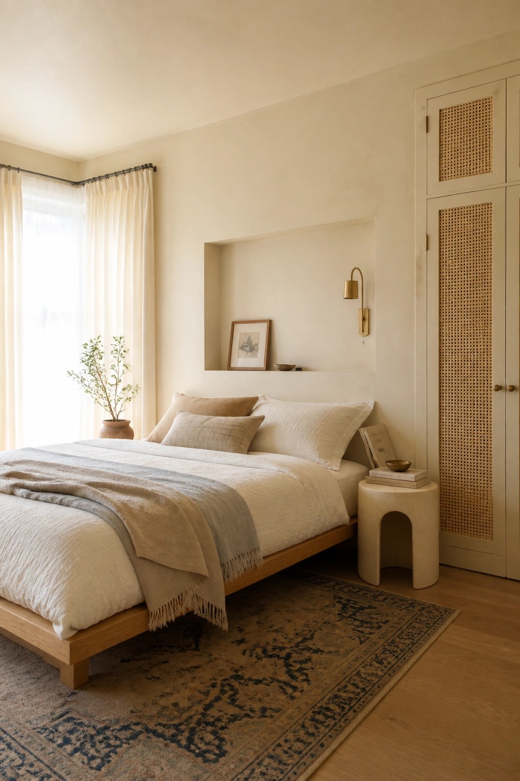 Minimalist bedroom with wooden bed, neutral linens, cane wardrobe, wall niche, and patterned rug.