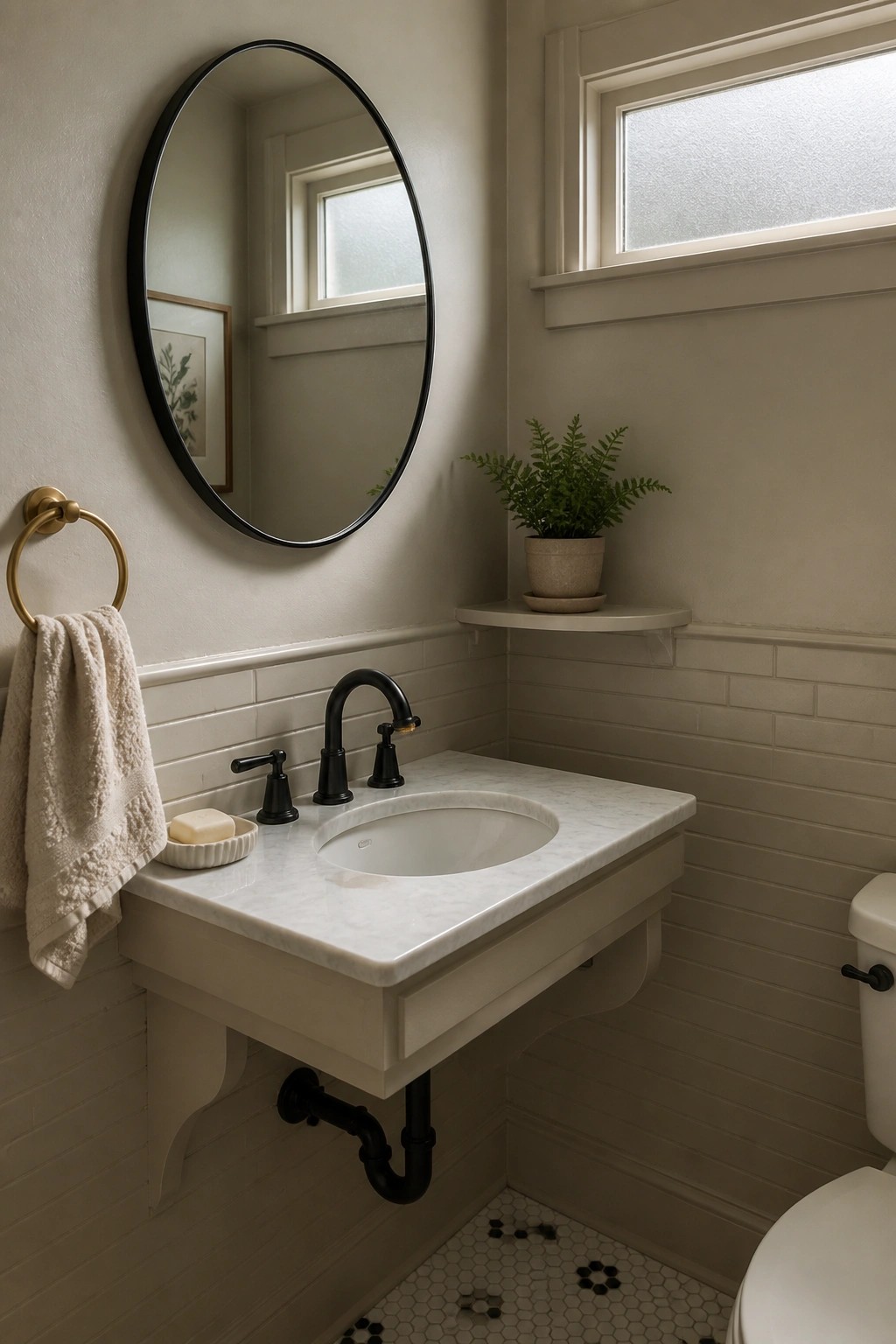 A bathroom with soft warm greige walls above white wainscoting and a floating vanity.